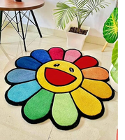 Takashi Murakami, alfombra moderna hecha a mano de lana copetuda, 3x3 pies, flor colorida y Diseño de Sonrisa para sala de estar, dormitorio, comedor