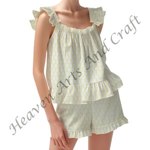 Breathable Cotton Shorts <b>Pajama</b> Set <b>For</b> Warms Dazzling Hand Block Spring/<b>Summer</b> Floral Fitted Strappy Ruffle Trim Sleeves PJ Set - Product Image 4