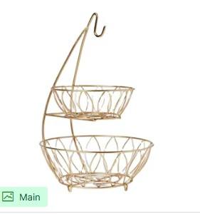 Soporte de cesta de alambre de metal de 2 niveles con base de madera elegante y funcional para organizar la cocina y la decoración del hogar - Product Image 5