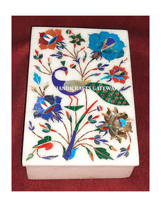Excellent White Marble Inlay Jewelry <b>Box</b> With Beautiful Flower And Peacock Design Handwork Made By Indian Designer For Gifting - Product Image 1