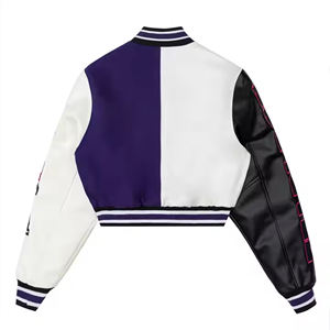 Women Wool Jackets Custom Chenille Patches Embroidery Genuine Leather Sleeves Letterman Varsity Crop Jacket - Product Image 3