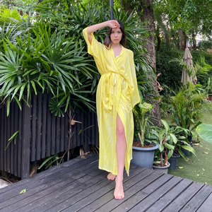 Kimono de verano para mujer, estilo bohemio, teñido anudado, manga larga, abierto por delante, tejido, con cuello en V, natural. - Product Image 1