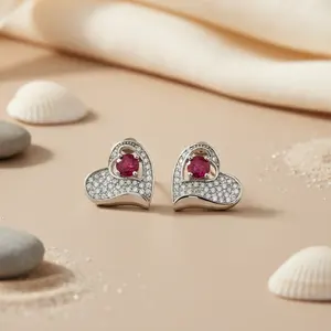 Pendientes de Plata con Corazón y Rubí, Engaste de Bisel, Estilo Lindo, Baño de Rodio Platino, para Regalo de Boda, Compromiso, Aniversario, Fiesta - Product Image 1
