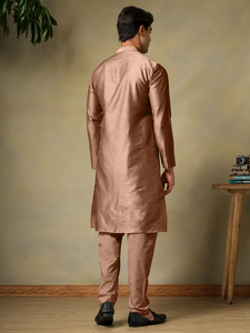 <b>Men</b> Brown Cotton Silk Kurta <b>Pajama</b> <b>Set</b> | Breathable Solid Regular Fit Summer Casual Designer Ethnic Wear for Festive & Daily Use - Product Image 2