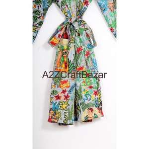 Bata de mujer hecha a mano de algodón 100% no tejido con estampado floral, cuello en V, cordón ajustable, manga tres cuartos, suave, transpirable y de secado rápido para primavera. - Product Image 6