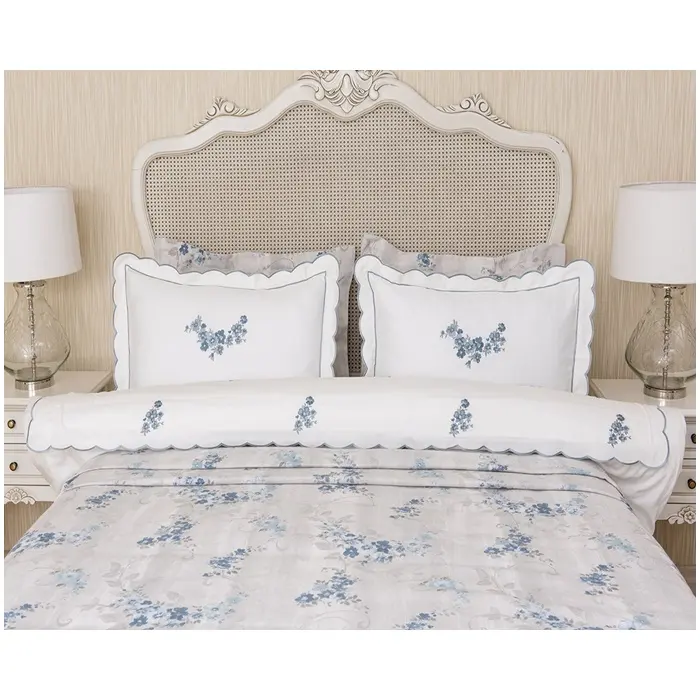 Conjunto de lençóis e fronhas bordados de algodão branco para casamento, lençol e fronhas bordados com flor azul