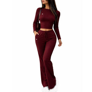 Conjunto Deportivo para Mujer, Top Corto de Manga Larga Acanalado con Pantalones Ajustados con Cordón, Ropa Deportiva al por Mayor - Product Image 1