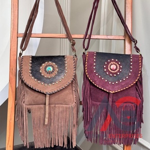 Bolso con flecos de piel de vaca Real, bolso bandolera de piedra, múltiples usos, bohemio, gitano, Vintage, flecos, borlas, bolsos elegantes para mujer - Product Image 1