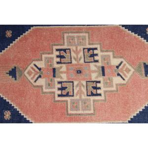 0.1x3.4 ft Vintage Rug, Turkish <b>Runner</b> Rug, Blue <b>Red</b> Southwestern Rug - Product Image 5
