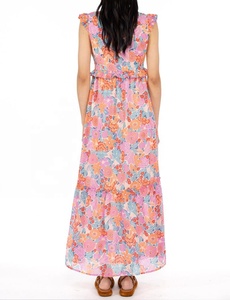 Floral Print Jersey Tea-Length A-Line Casual <b>Dress</b> V-Neck Sleeveless 100% Cotton Summer with Ruffles - Product Image 2