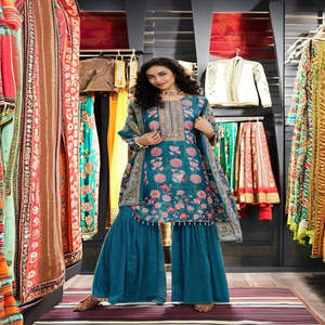 Nuevo traje de diseñador Evergreen Kurti Sharara Impresión digital de seda Kanjivaram pura con Chinon inferior a precio económico - Product Image 1