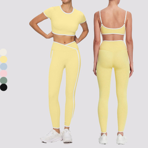 ชุดสองชิ้นเอวสูงสำหรับผู้หญิงชุดเล่นยิมเอวสูงชุดเล่นโยคะเนื้อนิ่มสีตัดกันชุดเล่นครอป - Product Image 1
