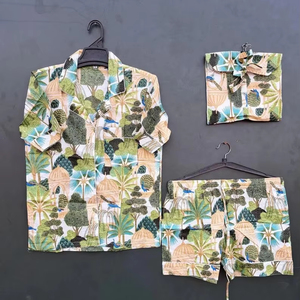 Jungle imprimé coton bio Robe ensemble femmes décontracté été court vêtements de nuit confortable tissé tissu doux cordon fermeture - Product Image 1