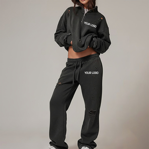 Sweat-shirt à fermeture éclair sur le devant et pantalon de survêtement ample de haute qualité, sur mesure, couleur unie, streetwear - Product Image 4