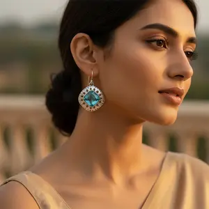 Boucles d'oreilles créoles vintage tendance pour femmes en argent 925 avec topaze bleue, diamant plaqué or rose, bijoux en pierres précieuses, motif de fleur dorée - Product Image 2