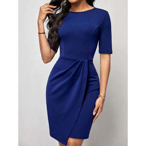 Robe en crêpe importée mini à col ras du cou et manches courtes Kadin Kisa Kollu, 37934 - Saks Mavi - Product Image 3