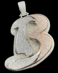 925 <b>Silver</b> Designer Two Tone B <b>letter</b> Pendant Iced Out Diamond Look Hip Hop <b>Necklace</b> Rapper Style Jewelry - Product Image 2