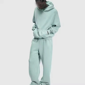 Ensemble de survêtement unisexe vert clair à capuche, manches longues, couleur unie, coupe décontractée, 100% coton, pour l'automne, avec poches latérales - Product Image 3