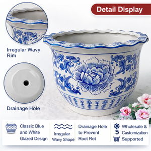 Pot de fleurs en céramique bleu et blanc <span class=keywords><strong>à</strong></span> motifs floraux, grand pot <span class=keywords><strong>à</strong></span> fleurs fait <span class=keywords><strong>à</strong></span> la main avec trou de drainage <span class=keywords><strong>pour</strong></span> la maison, le jardin, vente en gros - Product Image 3