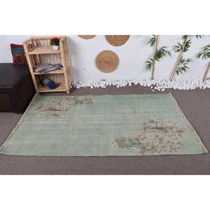 Tapis en laine floral vintage turc classique vert et marron 3.8 'X 6.6' Design patchwork abstrait avec support en latex pour adolescents - Product Image 1