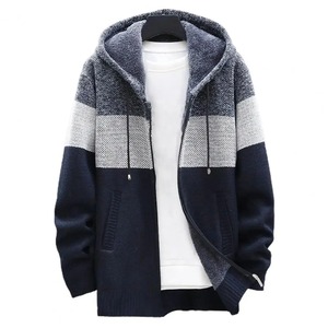 Manteau à capuche pour hommes, tricoté en blocs de couleurs, automne hiver, cardigan chaud avec doublure en peluche épaisse pour le bureau. - Product Image 3