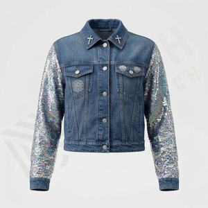Vêtements pour femmes, mode, vestes en jean délavées, sequins, couleur personnalisée, veste en jean élégante, vêtements d'extérieur décontractés, streetwear, haut - Product Image 1