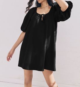 Black 100% Cotton <strong>Jersey</strong> Puff Sleeve Tie Front V-neck A-Line Fitted <strong>Midi</strong> <strong>Dress</strong> Featuring Voluminous Puff Sleeves Plain Dyed - Product Image 2