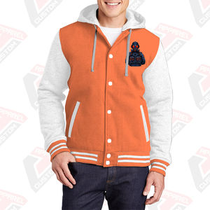 Men's Stylish Warm Varsity Jacket with Hood 100% Cotton Fleece Embroidered Technics Digital Printing Plain Dyed for Winter - Product Image 1