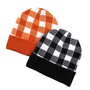 หมวกบีนนี่ถักแบบหนาของนักออกแบบที่หรูหราหมวกฤดูหนาวแบบปรับแต่งได้สำหรับทุกเพศกระดุมข้อมือเสื้อสีดำสีขาวสีส้มลายตารางหมากรุก - Product Image 2