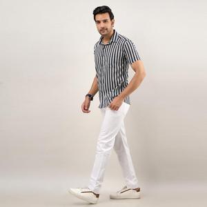 Camisa de Lino de Moda para Hombre, Verano, Manga Larga, 100% Algodón, Corte Regular, Transpirable, a Rayas - Product Image 1