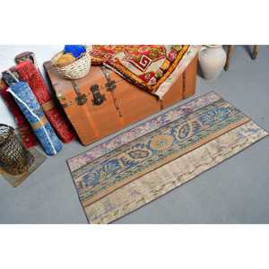 Vintage 1.9x4.2 ft Rug, Small Turkish Rug, Blue <b>Yellow</b> Plants & trees Rug - Product Image 2