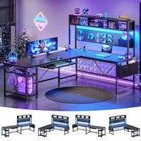 Escritorio de Juego en Forma de L Industrial OEM con Panel Perforado, Luces LED y Tomacorriente, Escritorio de Computadora Reversible con Bandeja para Teclado, Negro