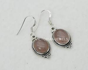 925 argent sterling massif rose quartz rose janvier mois pierre de naissance crochet boucle d'oreille - Product Image 1