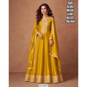 Robe Anarkali en soie 2025 manches longues évasées longues sans effort célébration Eid musulman indien ethnique mariage Festivals Chinnon soie - Product Image 1