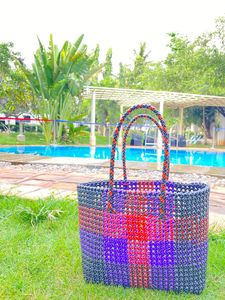 Sac à provisions à rayures tissé à la main en plastique réutilisable écologique personnalisé sacs de plage recyclés fabriqués à la main avec fermeture éclair cosmétique mode - Product Image 2