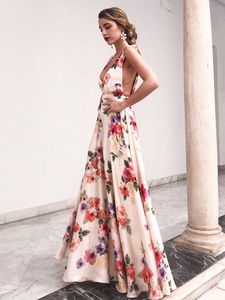 Elegante Vestido Maxi de Gasa con Estampado Floral, Cuello en V, Sin Mangas, Corte en A, Largo hasta el Suelo, Vestido Formal de Noche, Estilo Romántico - Product Image 2