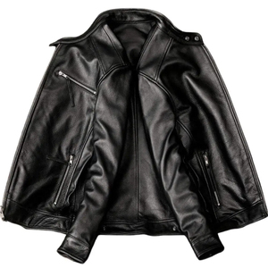 Men Genuine <b>Leather</b> Moto <b>Jacket</b> Stand Collar Zipper Closure Solid Color Regular Fit Autumn Wear - Product Image 3