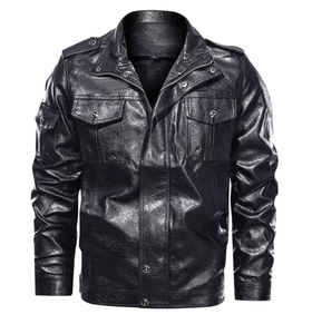 Veste bomber en cuir véritable noir pour homme avec col rabattu élégant - Product Image 1