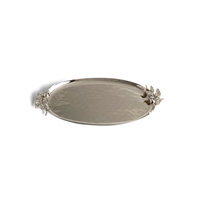 Plateau de service ovale minimaliste de luxe en acier inoxydable avec poignées florales, personnalisable, artisanat métallique décoratif pour mariage, fête, maison