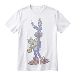 Camiseta Blanca para Hombre con Diseño de Personaje de Bugs Bunny con Pedrería, Manga Corta, Cuello Redondo, Estilo Urbano, Corte Cuadrado - Product Image 1