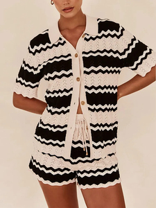 2024 <span class=keywords><strong>estate</strong></span> camicia a righe alla moda e uncinetto pantaloncini Casual monopetto da donna da spiaggia 2 pezzi completo maglione - Product Image 6