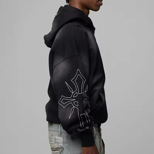 Sweat à capuche brodé poids lourd en éponge française avec logo personnalisé de qualité supérieure Acid Wash Sun Faded Zip up Vintage Oversize Hoody pour hommes - Product Image 3