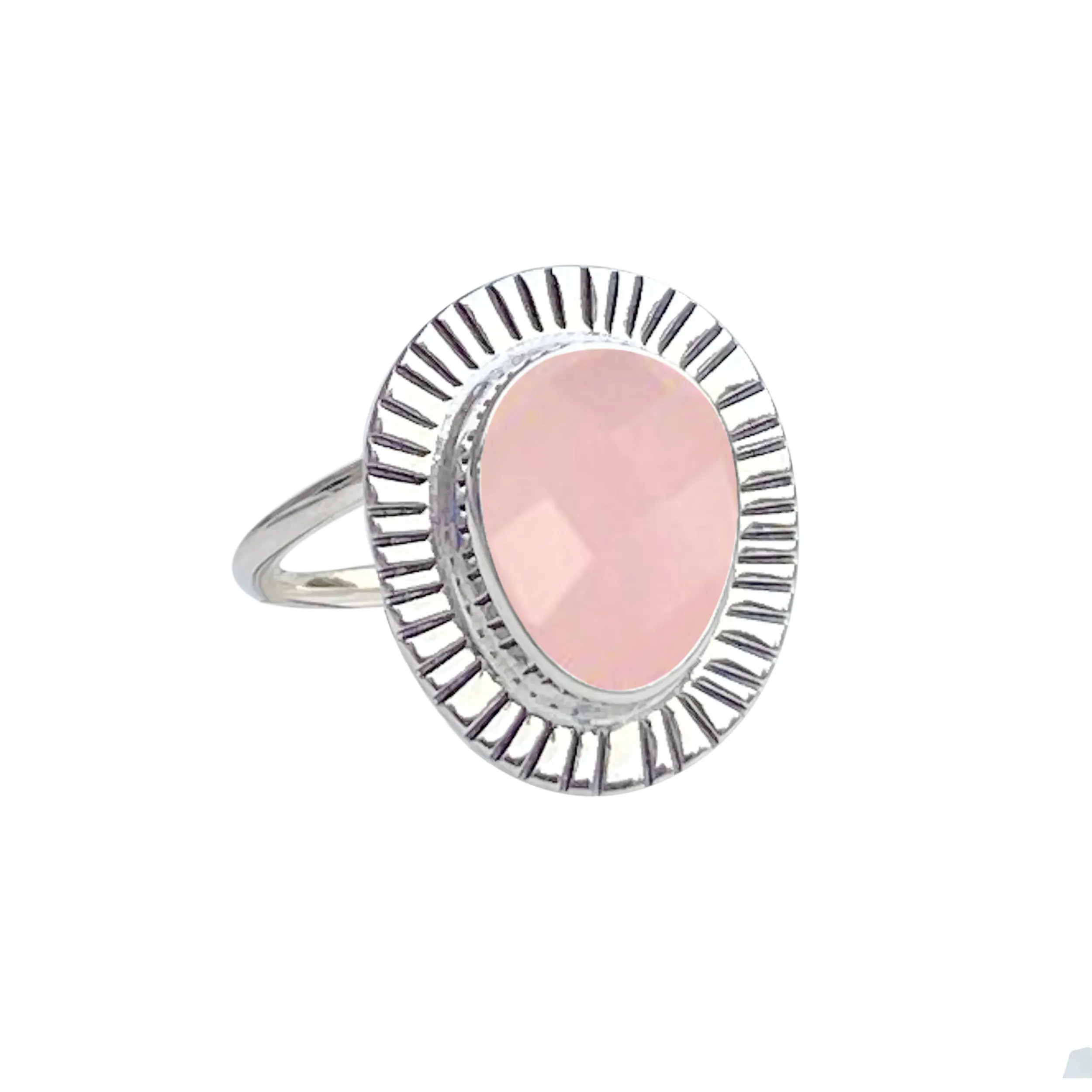 Rose Quartz Đá Quý 925 sterling Silver Birthstone hình thức miễn phí Collet thiết lập thiết kế ngón tay bán buôn nhẫn trang sức cho phụ nữ