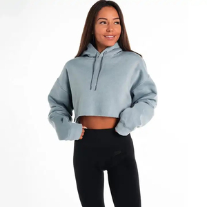 Women's Casual High Quality 100% Cotton Custom Logo Embroidered Gym Pullover Hood Crop <b>Top</b> Solid Color <b>Winter</b> Hoodie - Product Image 6