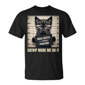 Camiseta con estampado gráfico divertido de Bad Kitty Cat Mugshot, Catnip Made Me Do It, para adultos, unisex, manga corta, cuello redondo, impresión digital - Product Image 1