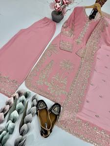 NEW DESIGNER PARTY/WEDDING ALL SEASONS HEAVY EMBROIDERY FAUX GEORGETTE CHINE SEQUENCE <b>WORK</b> CASUAL REVERSIBLE <b>TOP</b> PLAZZO DUPATTA - Product Image 4