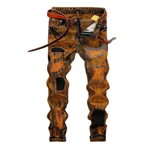 2023 High Street Jogger Man Jeans Fabricantes al por mayor pantalones de mezclilla con estampado de pintura estiramiento Delgado patchwork rasgado jeans OEM