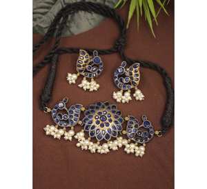 Gargantilla de doble tono estilo Pavo Real azul real, collar para mujer, Base de latón plateado, piedra Monalisa, enlace de acero inoxidable - Product Image 1