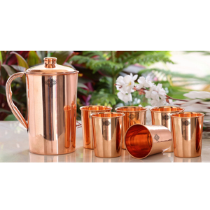 IndianArtVilla Handcrafted Pure Copper Plain Design Jug with <b>Glass</b> Set of 7-<b>Drinkware</b> Set for Storage & Serving - Product Image 2