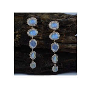 Genuine Moonstone <b>Diamond</b> <b>Dangle</b> <b>Earrings</b> Solid 14K Yellow Gold Jewelry Manufacturer - Product Image 6